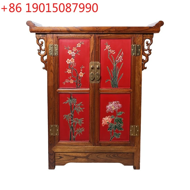 New Chinese carving and filling painting process Elm edge warped head cabinet Edge cabinet