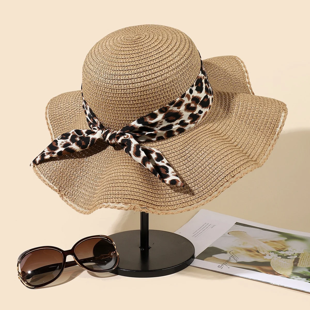 2024 New Women\'s Leopard Pattern Bow Big Eaf Straw Hat with Ribbon Sweet Straw Woven Hat Beach Hat