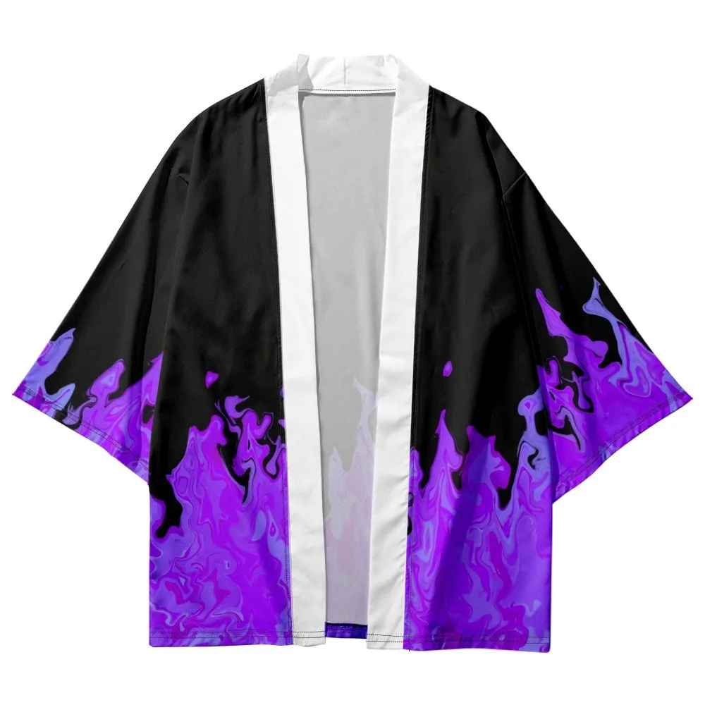 

Fashion Purple Flame Print Kimono 2023 Summer Men 3/4 Sleeve Japanese Traditional Cardigan Haori Women Harajuku Streetwear Shirt