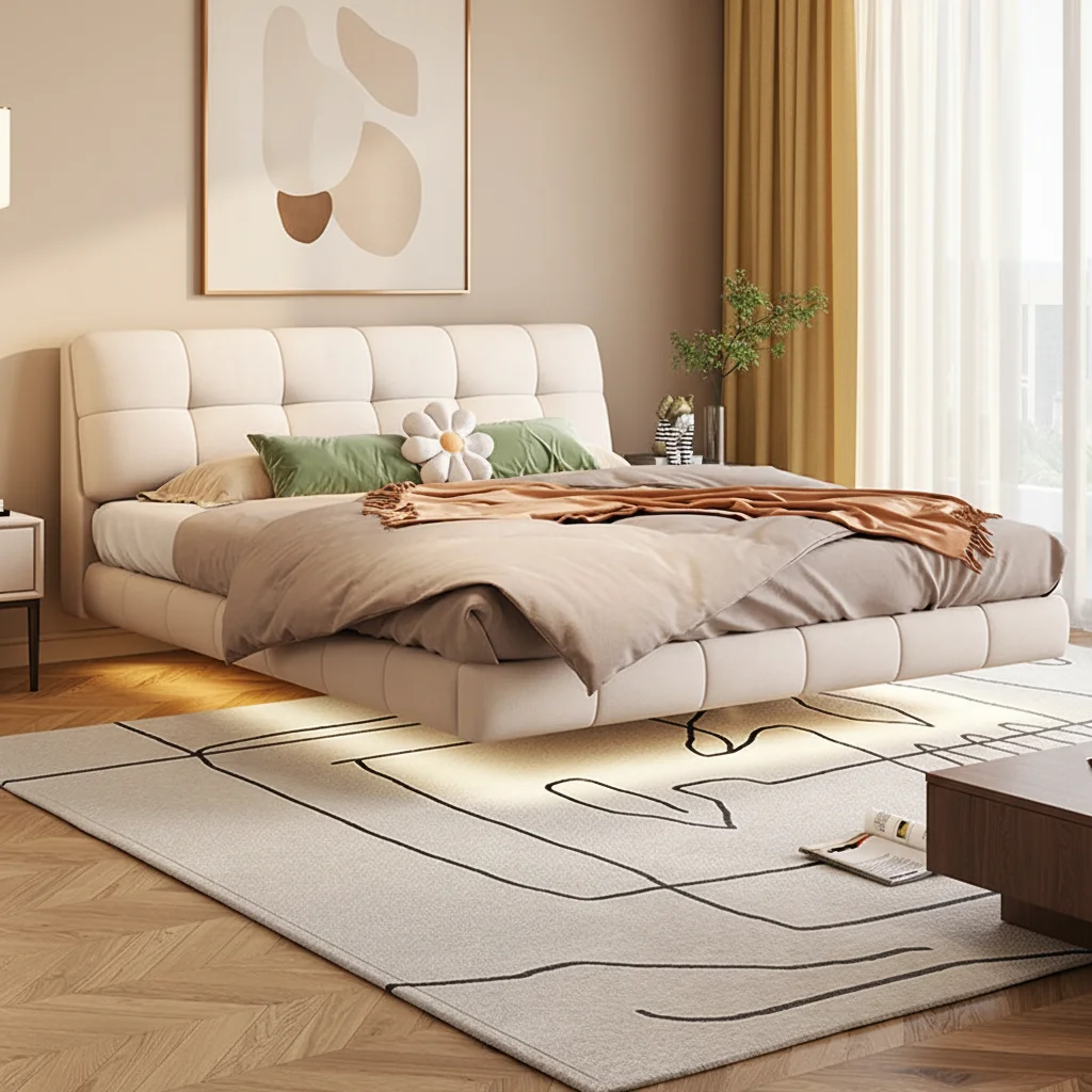 #French Cream Cloud Puff Bed Modern Tech Fabric Floating Bed With Light Cat Scratch Cloth Wedding Double Bed For Master Bedroom