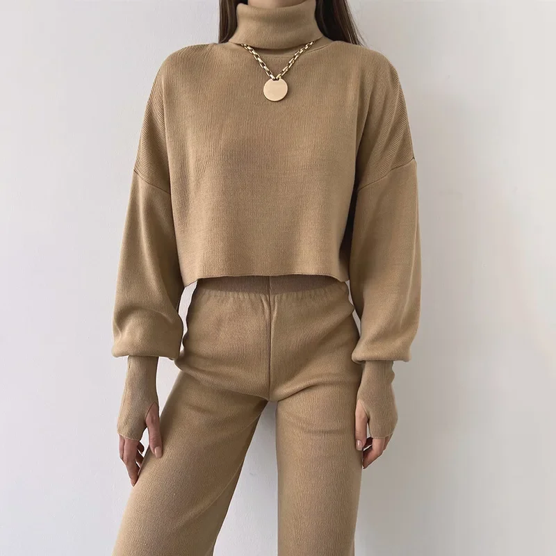 Elegant Turtleneck Top Pullover & High Waist Pants Suit Fashion Warm two peice sets Autumn Winter Solid Knitted Sweater Outfits