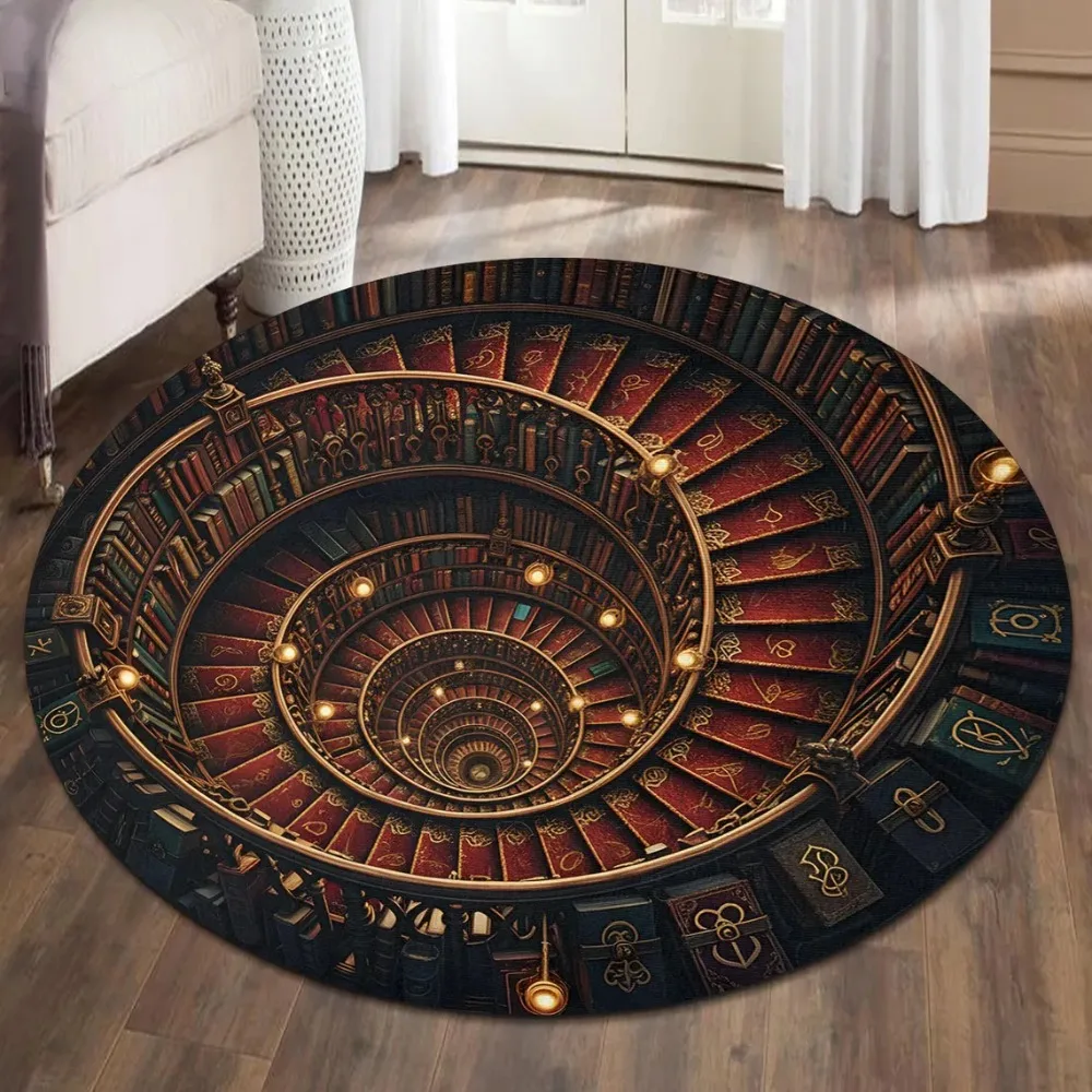 Enchanted Library Tunnel 3D Illusion Round Carpet for Book Nook Living Room Floor Mat Bedroom Literary Decor Rug