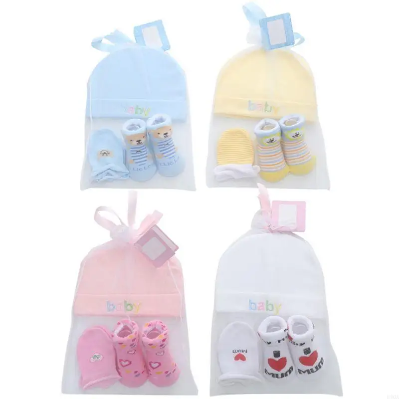 

D5QA Newborn Cartoon Hat+Glove+Socks Set for Baby Cotton Fall Casual Photography Prop