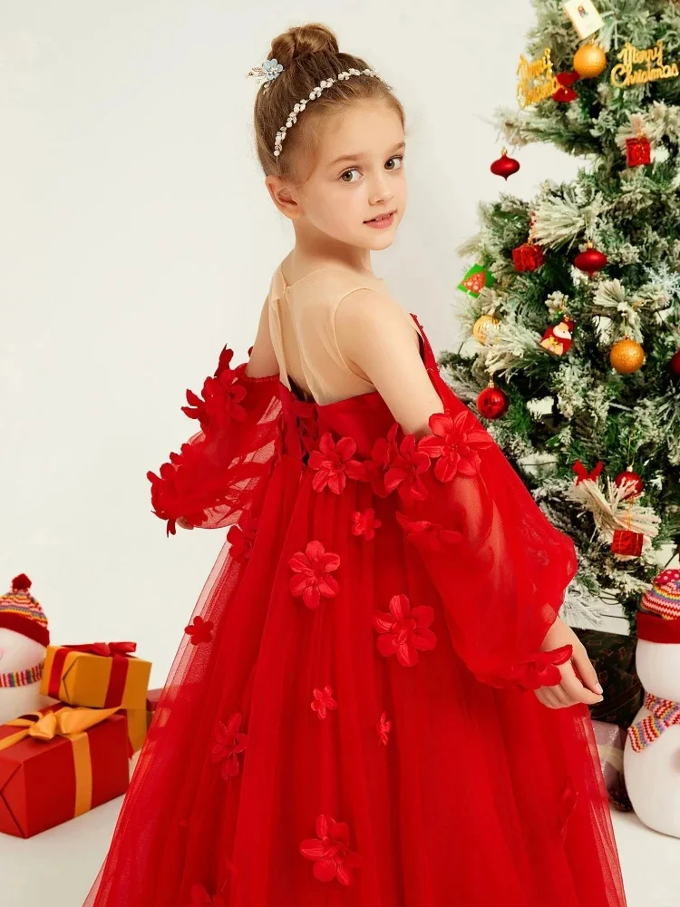 Princess Custom Flower Girl Dress for Wedding Tulle Flowers with Trailing Long Sleeve Kids Birthday Party Prom Banquet Gown