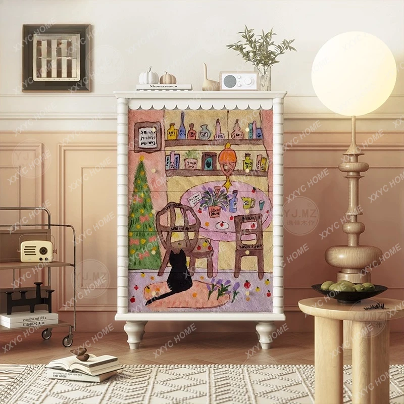 Y Cream Style Solid Wood Chest of Drawers Dopamine Cartoon Kitten Decorative Cabinet