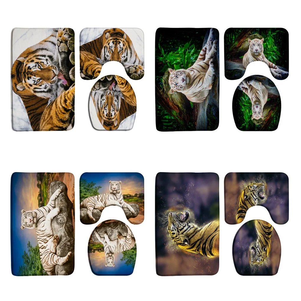 

Green Jungle Tiger Bathroom Rug Sets Natural Forest Tree Non-Slip Bath Mat U-Shape Carpet Toilet Lid Cover Soft Flannel Doormats