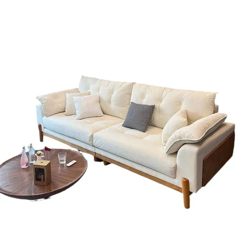 Nordic Solid Wood Fabric Sofa Japanese Minimalist Cloud Design Straight Row Couch for Small Apartment Living Room