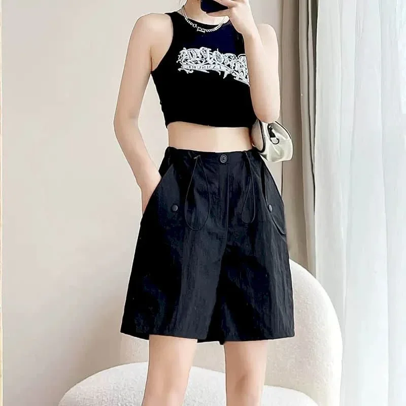 Pantaloncini solidi pop per donna Pantaloni sportivi casual in vita elastica Harajuku Pantaloni larghi a cinque punti alla moda coreana ad asciugatura rapida