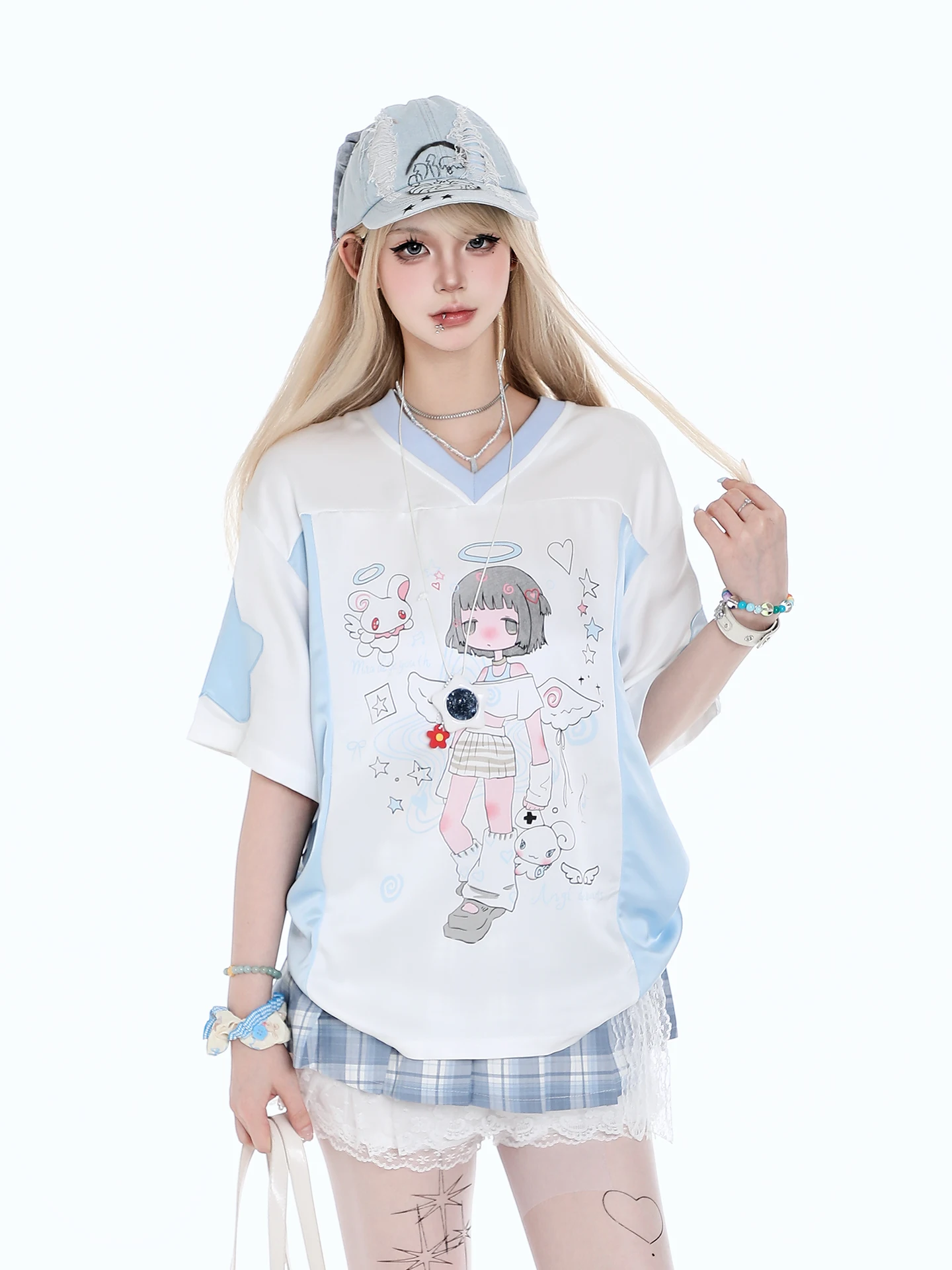 

Футболка Sweet Cool с мультяшным принтом V-Ne ort Sve, женская летняя свободная повседневная футболка f Sve Top, корейский Sle Commute Faion