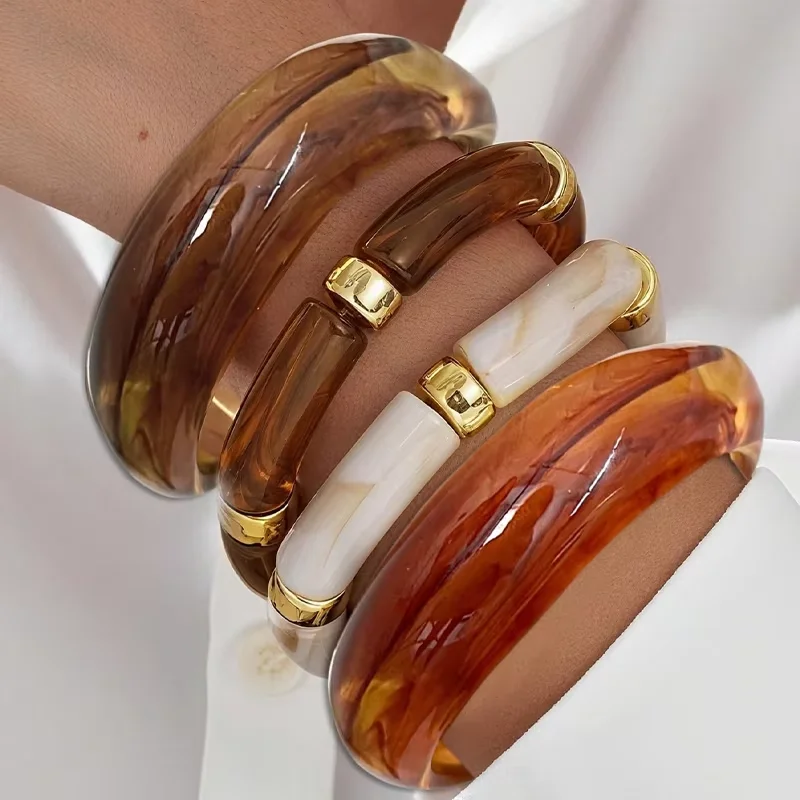 4pcs Vintage Stackable Resin Acrylic Bracelets for Women Bohemian Chunky Round Tube Beaded Elastic Bangle Bracelet Jewelry Gifts