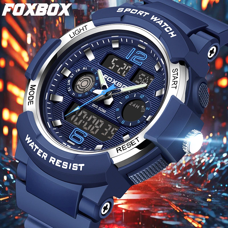 

FOXBOX электронные цифровые часы модный силиконовый ремешок светящийся будильник повседневные спортивные водонепроницаемые мужские часы с датой и двойным временем