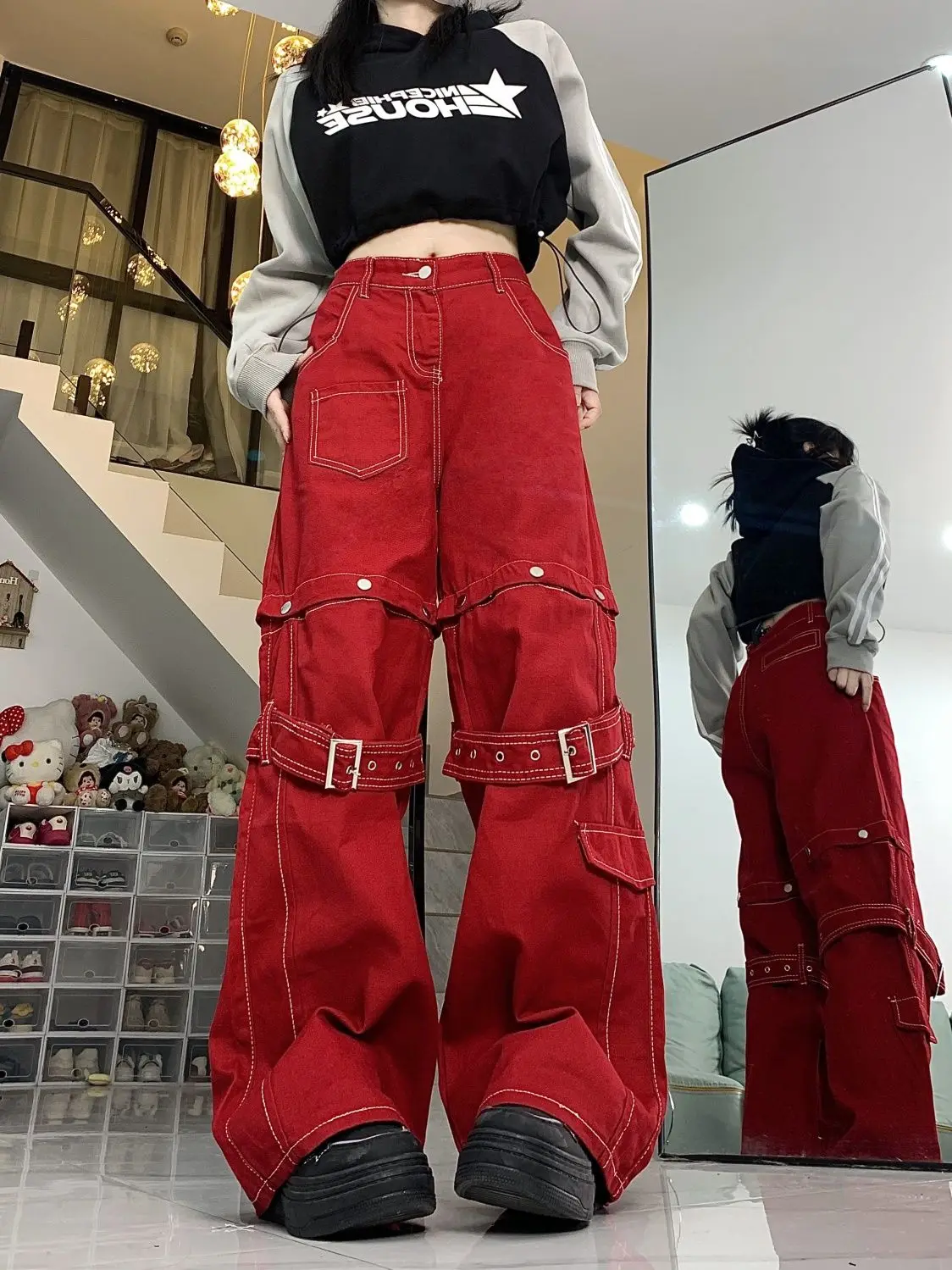 Pantalones vaqueros con diseño de correa de retazos Retro americano para mujer, pantalones mopa de pierna ancha sueltos y delgados, High Street, otoño