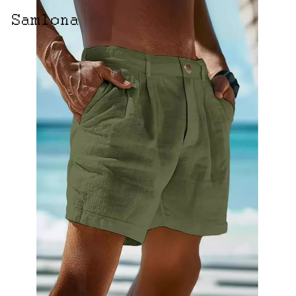 Mens Vintage Stand Pocket Cotton Linen Shorts 2024 European Style Casual Beach Short Pants Solid White Khaki Button Fly Hotpants