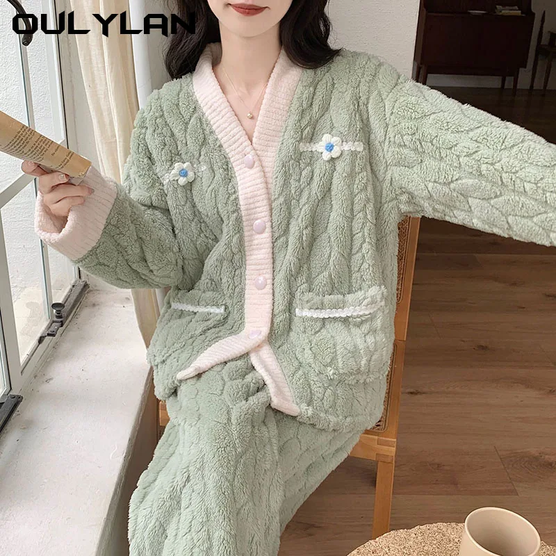 2024 Winter New Velvet Thickened Pajamas Coral Velvet Pajamas Women Can Wear Externally V-neck Home Furnishing Set