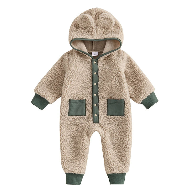 

Baby Fleece Jumpsuits Long Sleeve Contrast Color Button Up Hooded Rompers Newborn Pajamas for Boys Girls