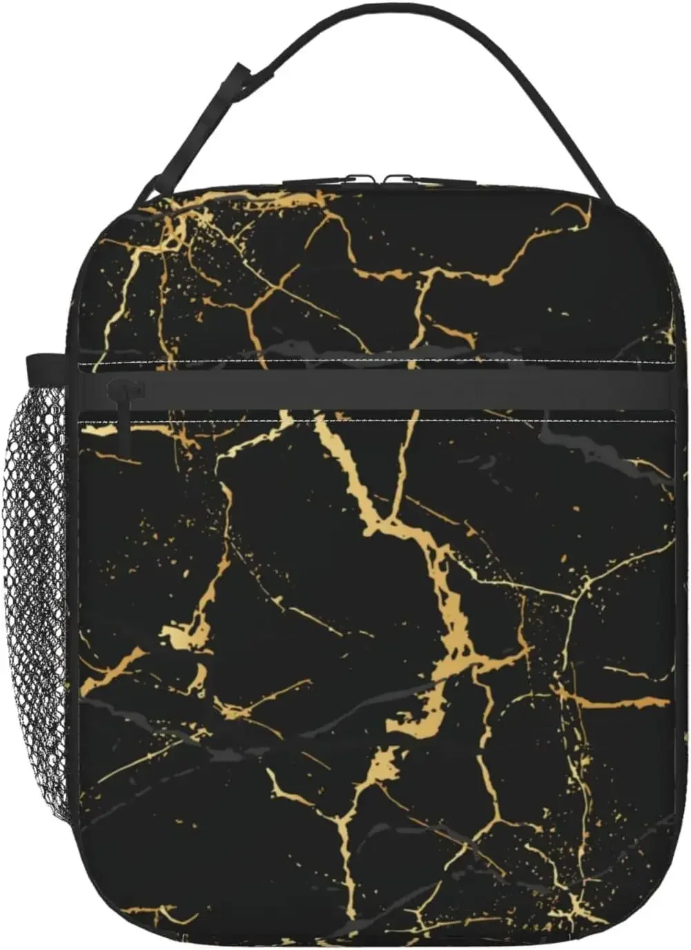 

Black Marble Lunch Bag Insulated Portable Reusable Marbling Texture Lunch Box With Side Pockets For Picnic Work Office School