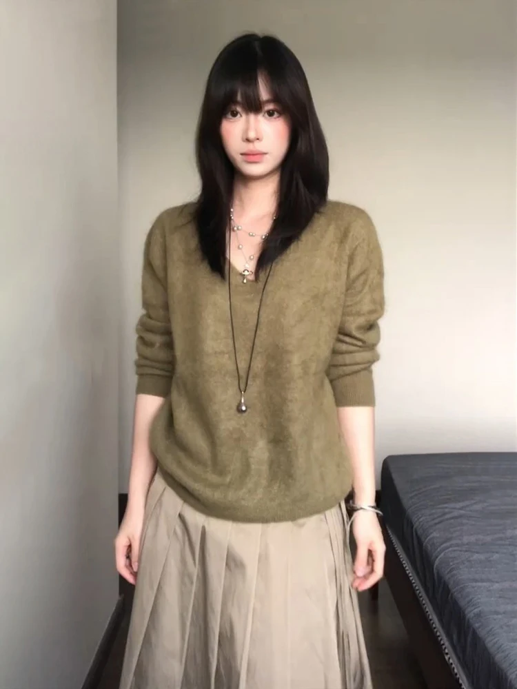 

Свободный повседневный женский длинный вязаный свитер с V-образным вырезом, удобный, мягкий, осенний топ, премиум-качество, свободный крой, худи