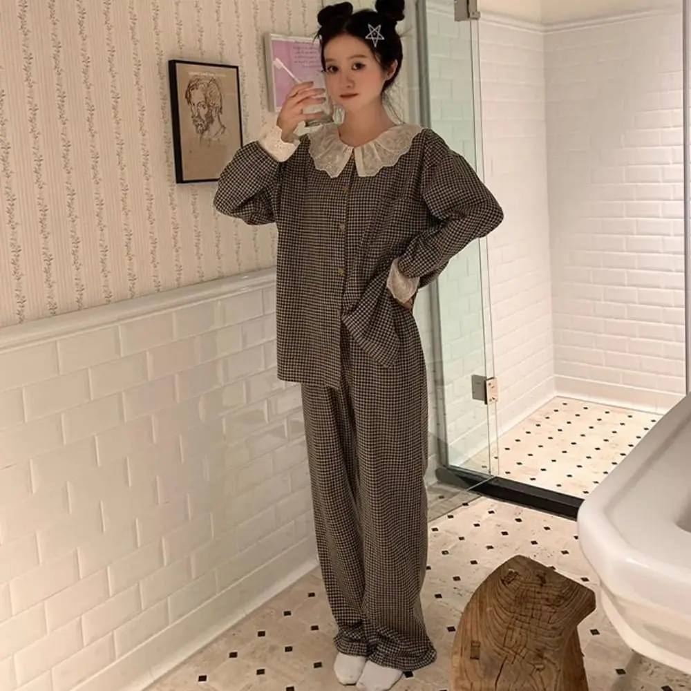 

Soft Lace Collar Plaid Pajamas Suit O-neck Y2k Two Piece Nightwears Korean Homewear Set Pajamas Women Girl