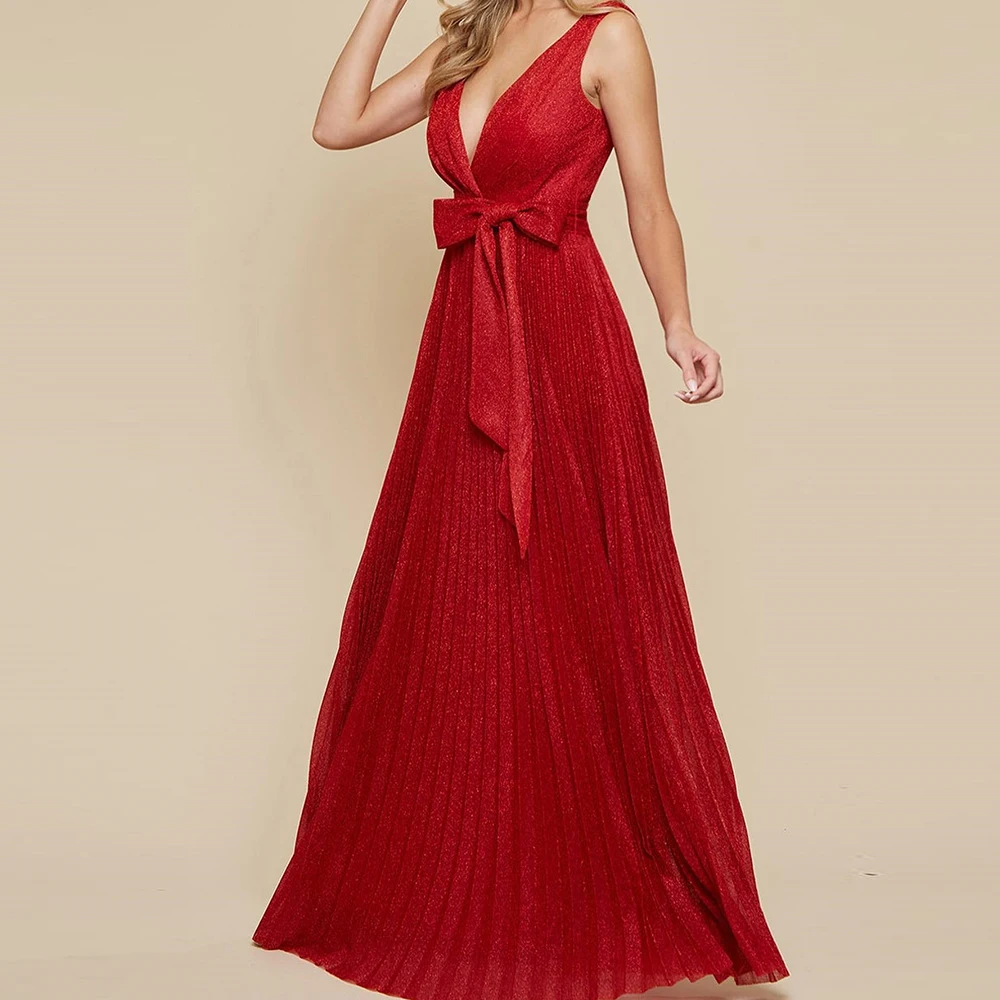 Customized Modern A-Line Floor Length V-Neck Jersey Sleeveless Pleats Evening Dress Classic Photo Color vestidos para mujer