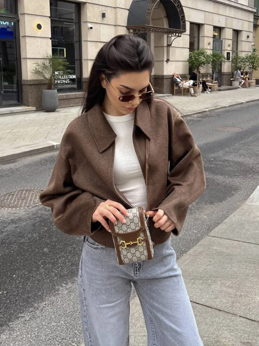 เสื้อคลุมผู้หญิงแฟชั่นสตรีท สไตล์ลำลอง คอปกพับได้ แขนยาว สำหรับฤดูใบไม้ร่วง ปี 2024