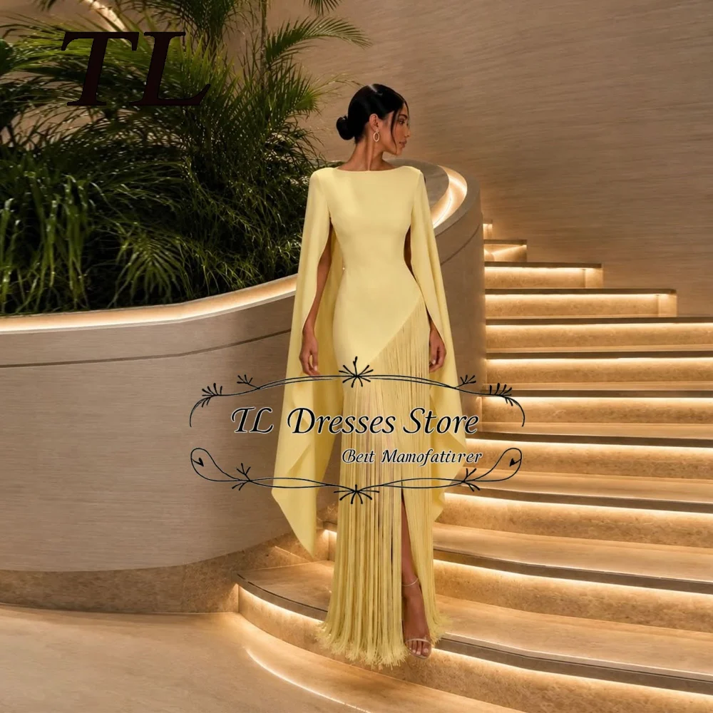 TL Cream Yellow Evening Dresses Women O Collar Cape Sleeves Prom Gown Customized Patchwork Elegant Party Dresses