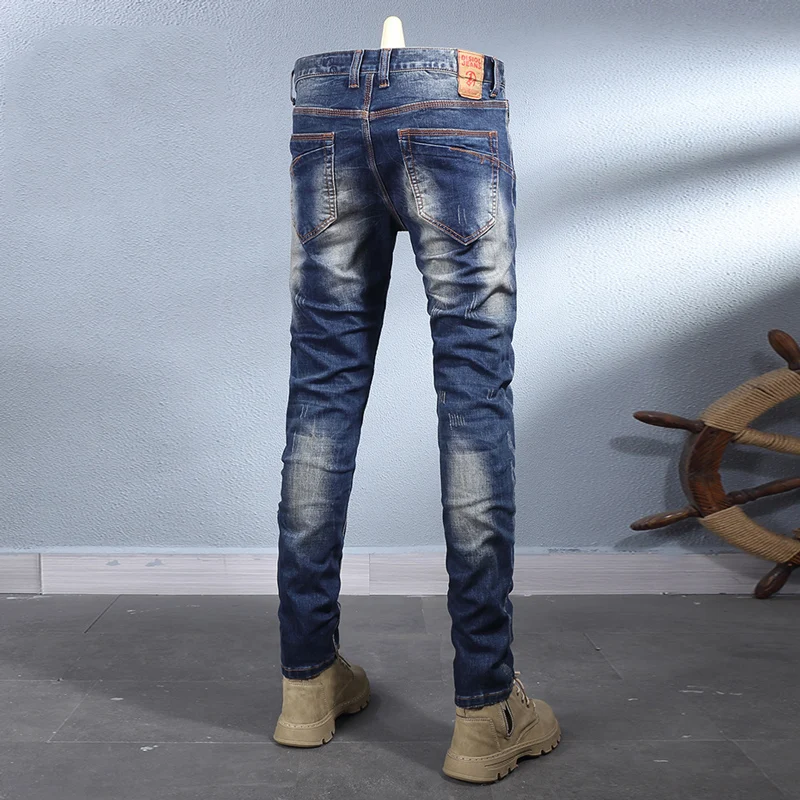 Retro Stretch Slimming Blue Jeans High Quality Men's Fashion Hip Hop Designer Scratch Washed Nostalgic Brand W