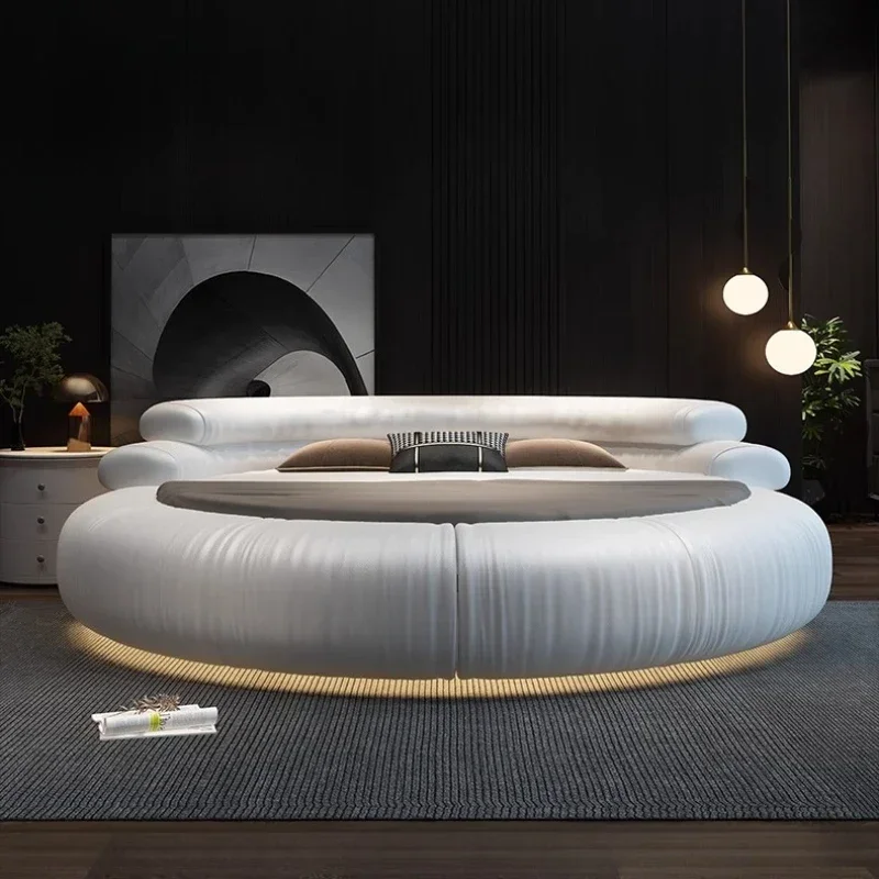 200x200cm 220x220cm Italian Minimalist Leather Round Bed Double Simple Wedding Queen Bed Frames Bedroom Furniture Light Luxury