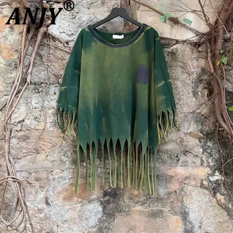 

ANJY Spring Summer New Women Trendy Fashion Tassel Distressed Vintage T-shirt Oversized Fit Stylish Streetwear Casual Top A23513