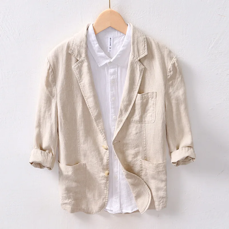 

Men's Business Casual Lightweight 100% Linen Three-Quarter Sleeve Blazer Plus Size Loose Fit Breathable Dressy Linen Jacket