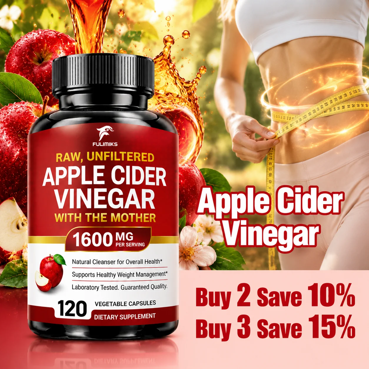 Apple Cider Vinegar Supplement, with Zinc Vitamins, Support Healthy Weight & Detoxification, Immunity, Energy for Men & Women