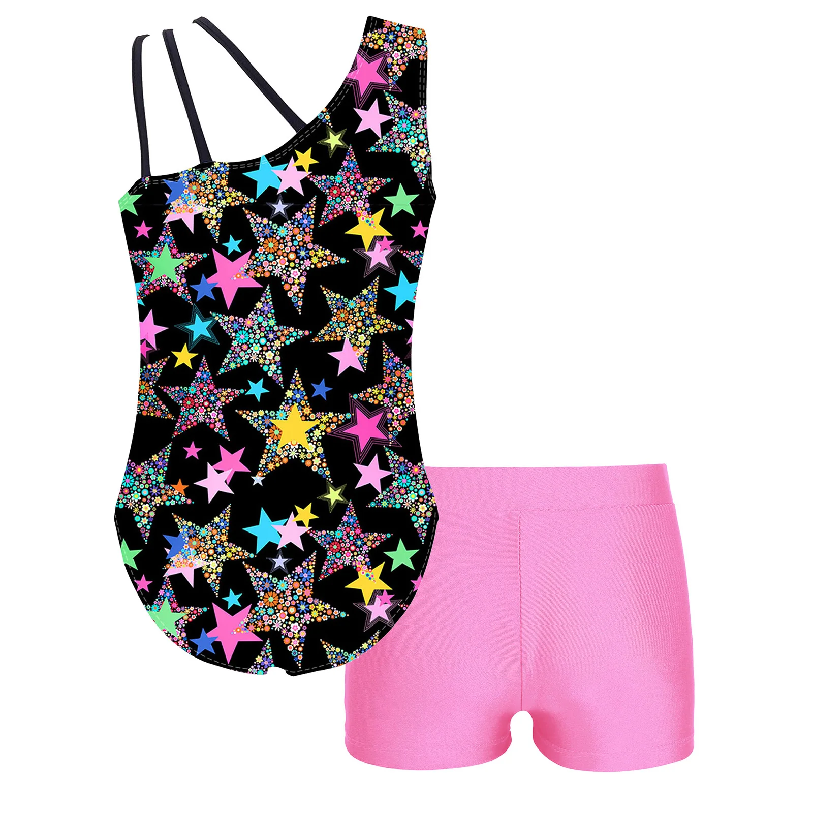 2Pcs Kids Girls Ballet Set Sleeveless Ballet Dance Gymnastics Leotard with Shorts Outfits Shorty Bodysuit Jumpsuit Dancewear