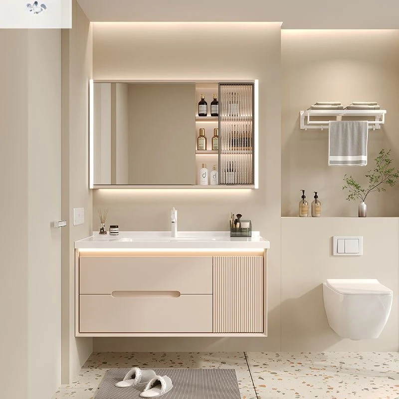 

Шкаф для ванной комнаты Cream Wind, керамическая встроенная раковина, шкаф для умывальника из цельного дерева, комбинированный умывальник для ванной комнаты