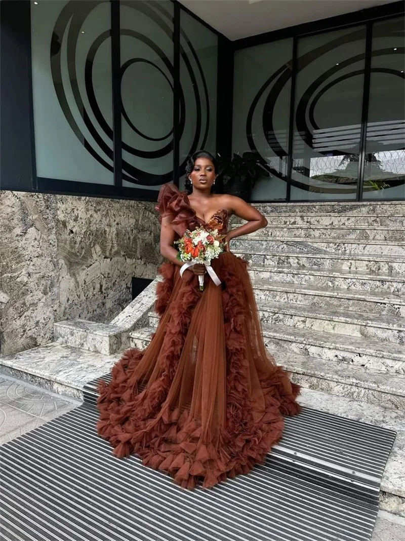 

Brown Women Pregnant Prom Dress Bridal Morning Robe Sexy Sleeveless One Shoulder Tiered Tulle Evening Gown Sleepwear Customized