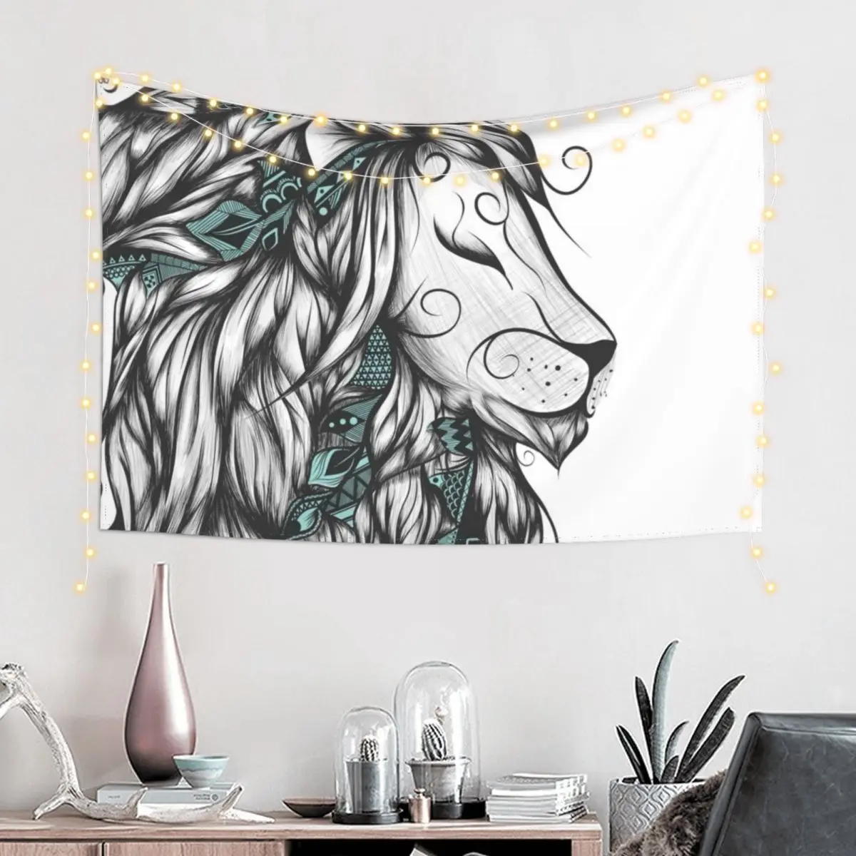 Poetic Lion Turquoise Tapestry Aesthetics For Room Decoration Room Tapestry