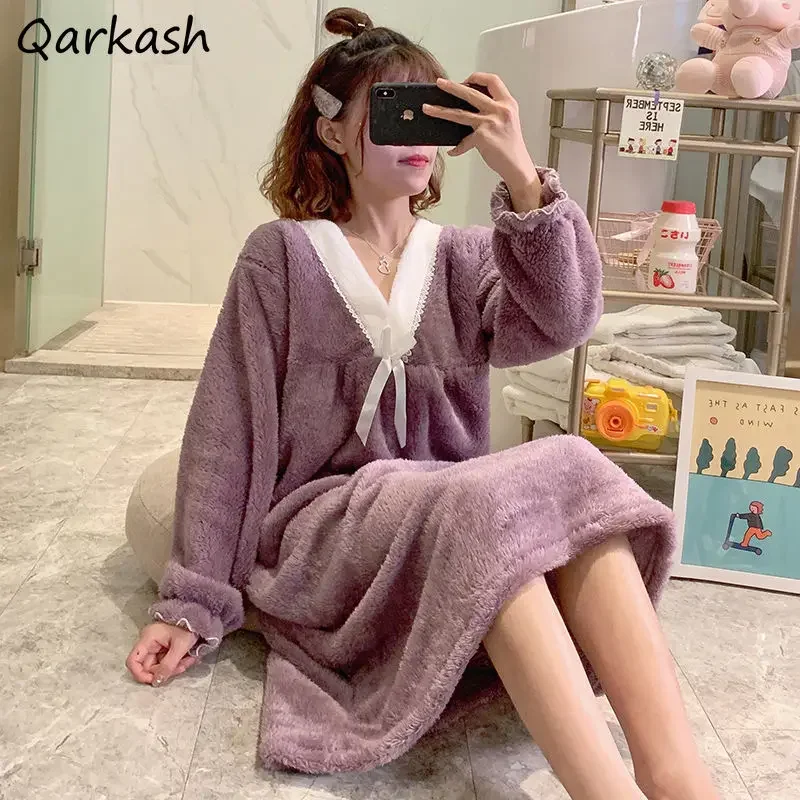 

Nightgowns Women V-neck Patchwork Design Korean Style M-3XL Colleges Winter Warm Leisure Home Sleepwear Popular Sweet Teenagers