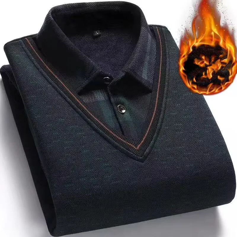 2024 Autumn And Winter Men\'s Wool Shirt Collar Sweater Fashion Grid Solid Warm Sweater Plus Velvet Thick Sweater M-3XL
