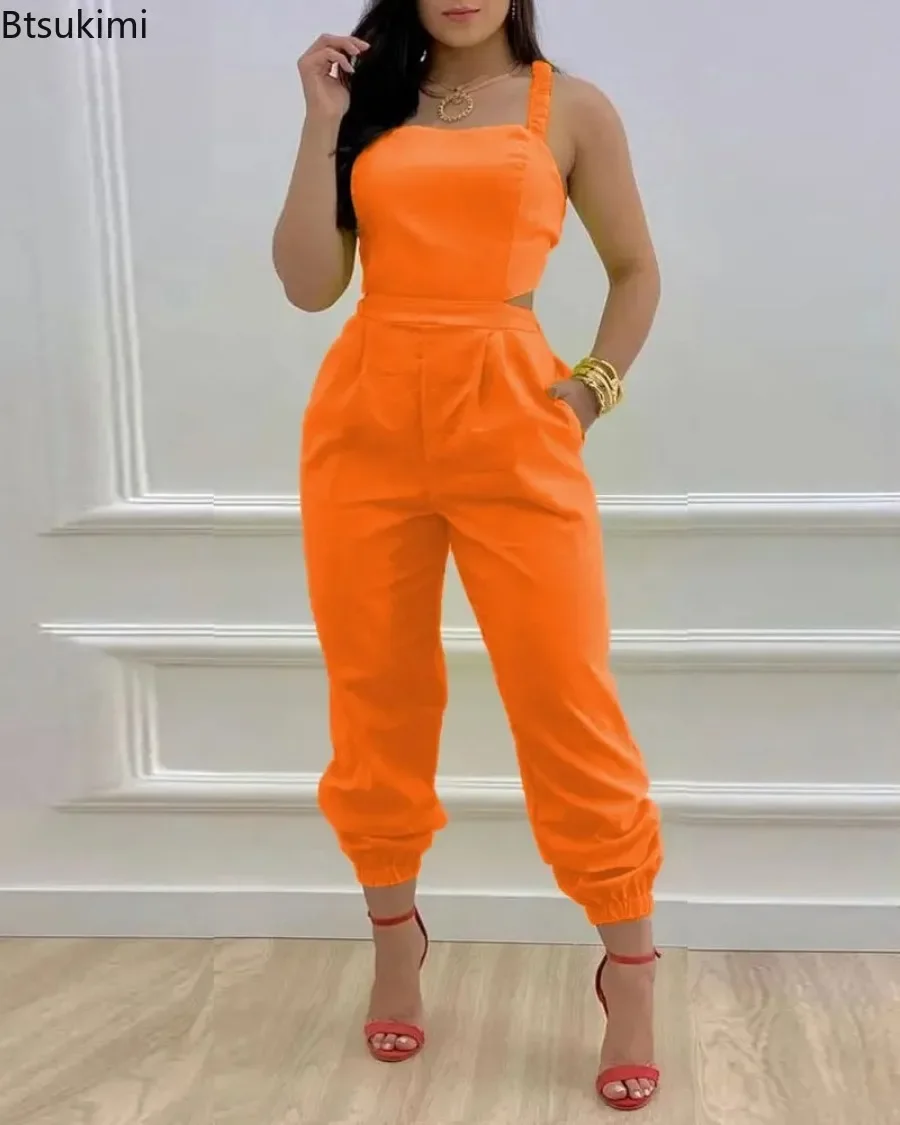 2024 Spring/Summer Fashion Strap Print Jumpsuit Feminino Open Back Lace Up Jumpsuit Mono Elegante Mujer Woman Rompers Overalls