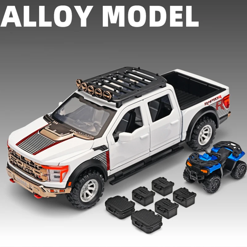 1:24 f150 svt raptor versão modificada modelo de carro de liga som e luz puxar para trás brinquedo infantil colecionável presente de aniversário
