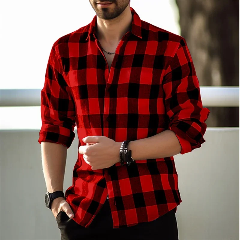 Daily Plaid Print Casual Long Sleeve Shirts For Men Clothing Simplicity Vintage American Style Street Lapel T-shirt Oversized