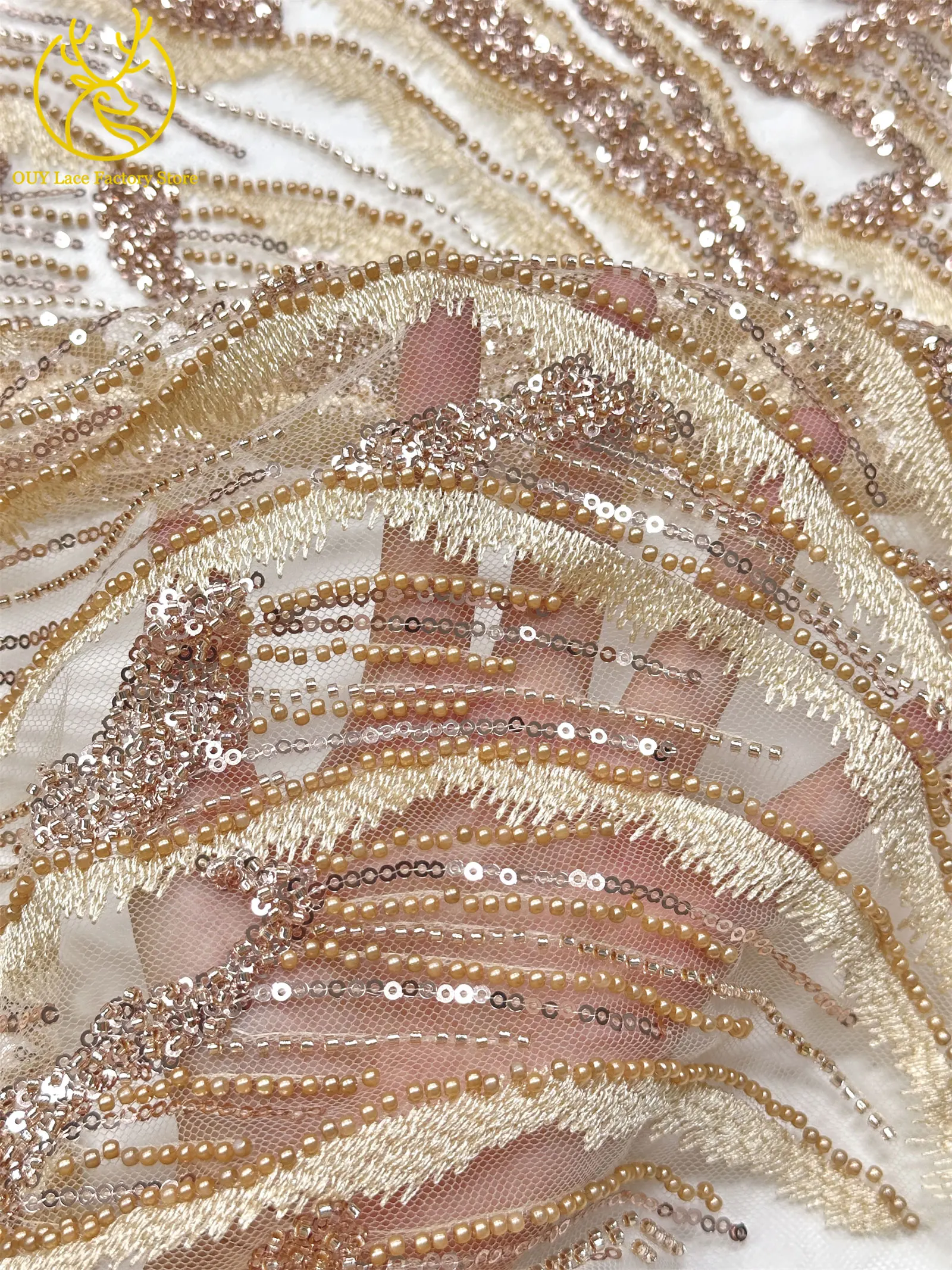 Afrikanischer Brautkleid-Spitzenstoff mit Stickerei und Perlen, französischer Netzspitzenstoff, nigerianischer Tüllspitzenstoff für Hochzeitskleider und Partykleider zum Nähen – Detail 9