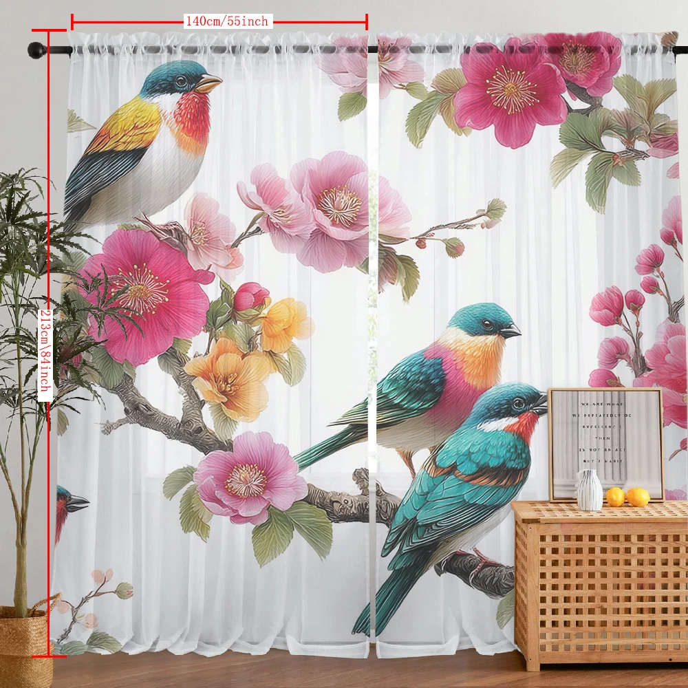2Pcs Rose Red Flowers And Colorful Bird Print Home Decoration Window Screens, Suitable For Coffee Shops, Restaurants, Bedrooms