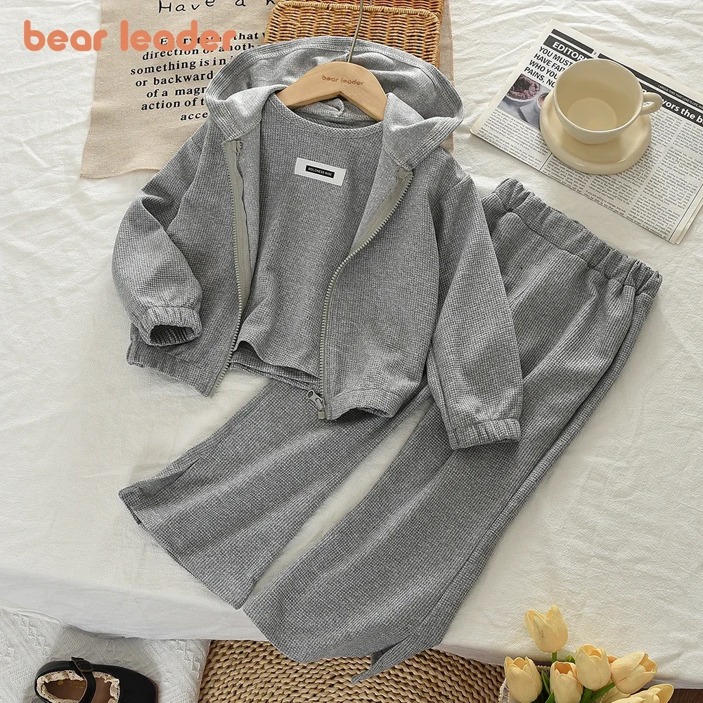 Bär Führer Mode Lässig Einfarbig Kinder Kleidung Mädchen Herbst Grau Langarm Mit Kapuze Sweatshirt + Weste + Hosen Drei stück Set