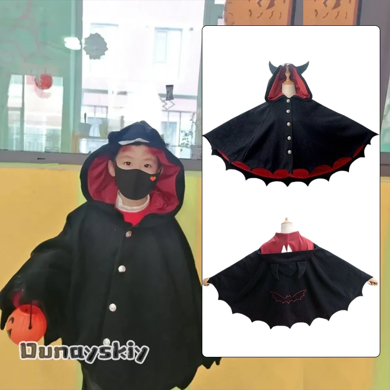 

Halloween Cospaly Gothic Punk Black Devil Bat Wing Demon Costume Furry Poncho Hoodie Cloak Coat Disguise For Adult Child Outfit