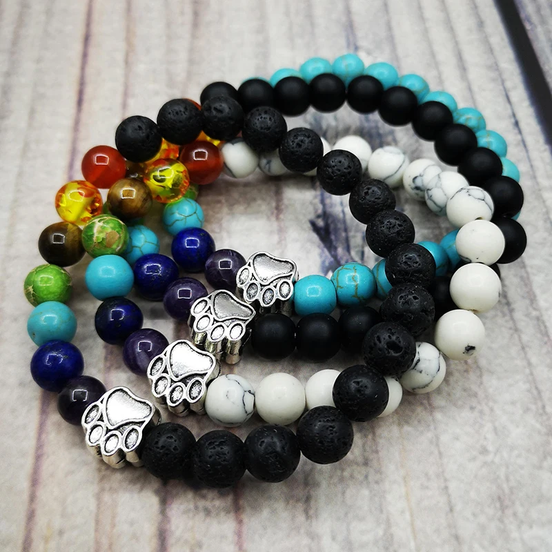 

Original 8MM Colorful Bracelet with White Turquoise Volcanic Stone and Dog Claw Print for Men and Women Gift Bracelet