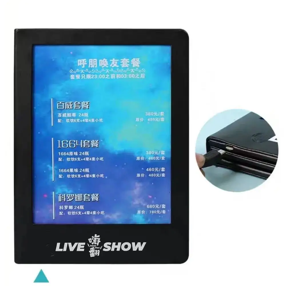 A4 3Pages 6sides Rechargeable LED Light Menu Album PU Leather Display Book Night Club Restaurants Beer Bar Shop Cafe