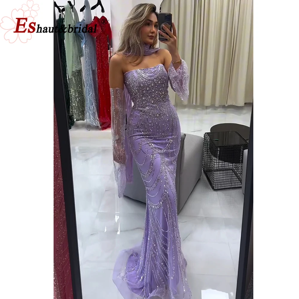 

Elegant Dubai Arabia Mermaid Evening Dress for Women with shawl Strapless Beaded Formal Prom Wedding Party Gown 2025 Customized