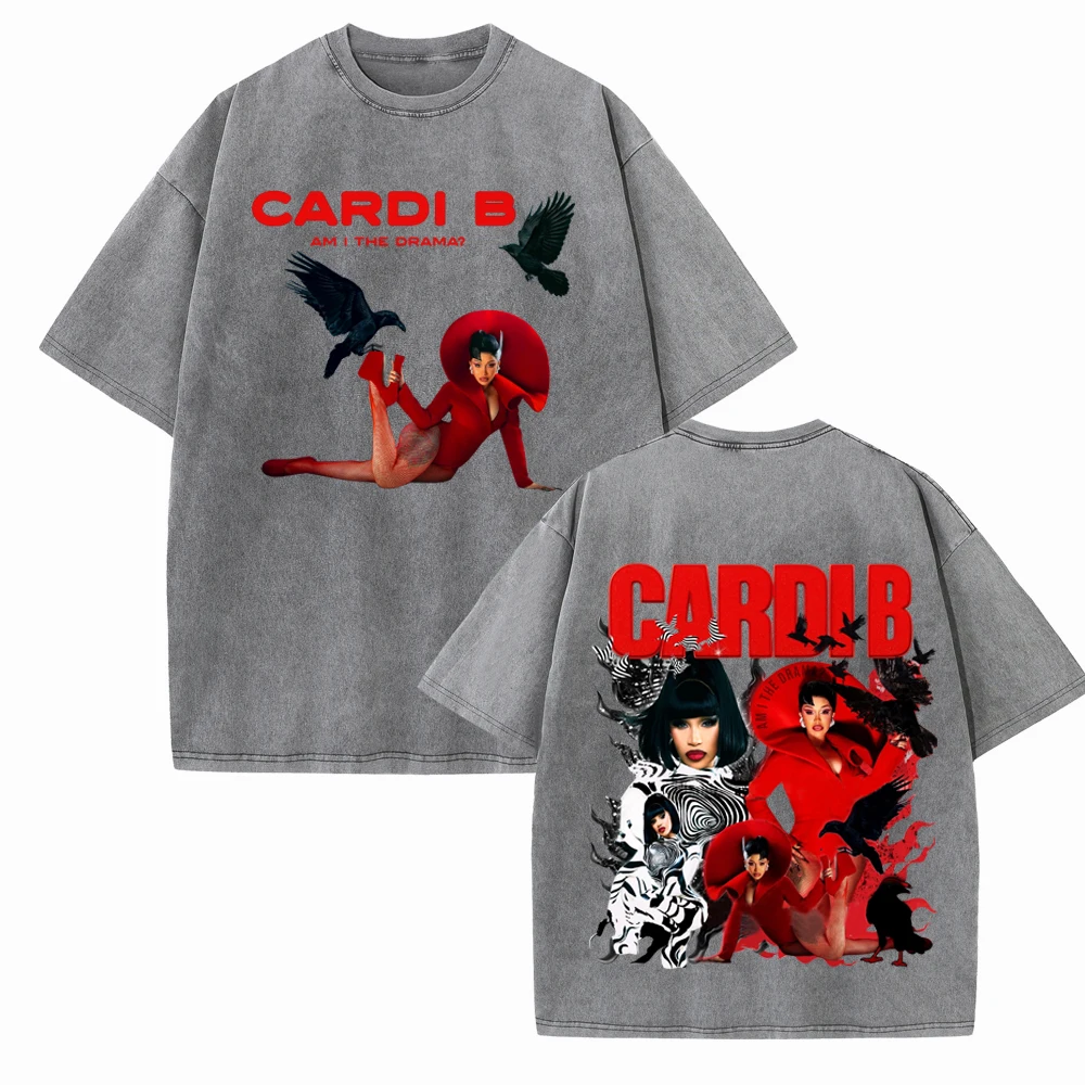 ألبوم جديد Cardi B Am I The Drama غسلها تي شيرت رجل امرأة خمر س الرقبة قصيرة الأكمام تي شيرتات قطن