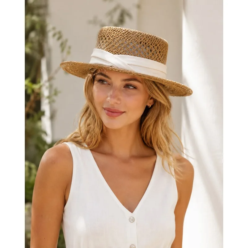 Women's openwork flat-top straw hat, elegant French style summer sun hat, multi-functional outdoor beach vacation hat.