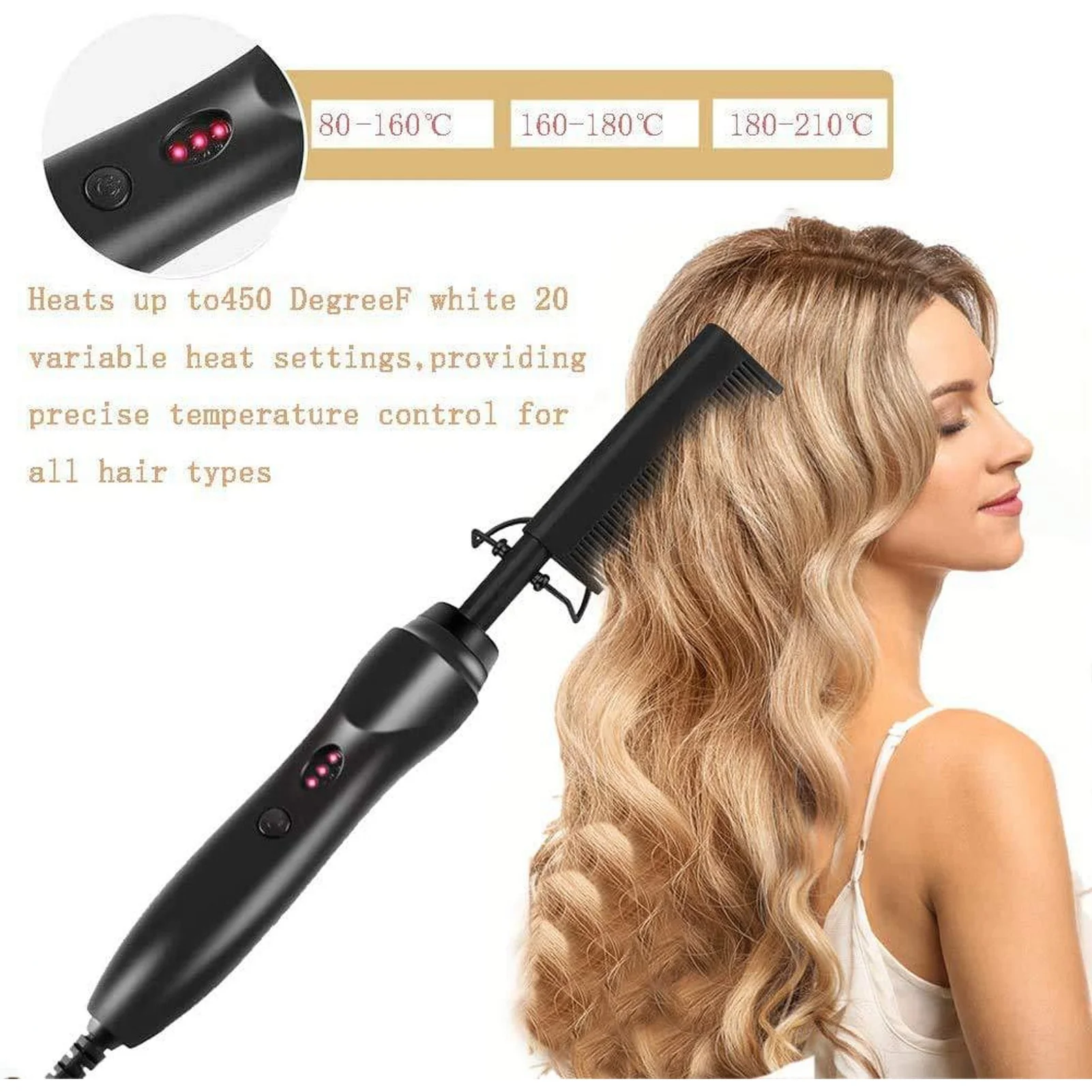 

Straightening Comb, Hot Comb Electric Aluminum Alloy 3 Level Adjustment 60 Seconds Heating Electric Pressing Comb 120‑240V