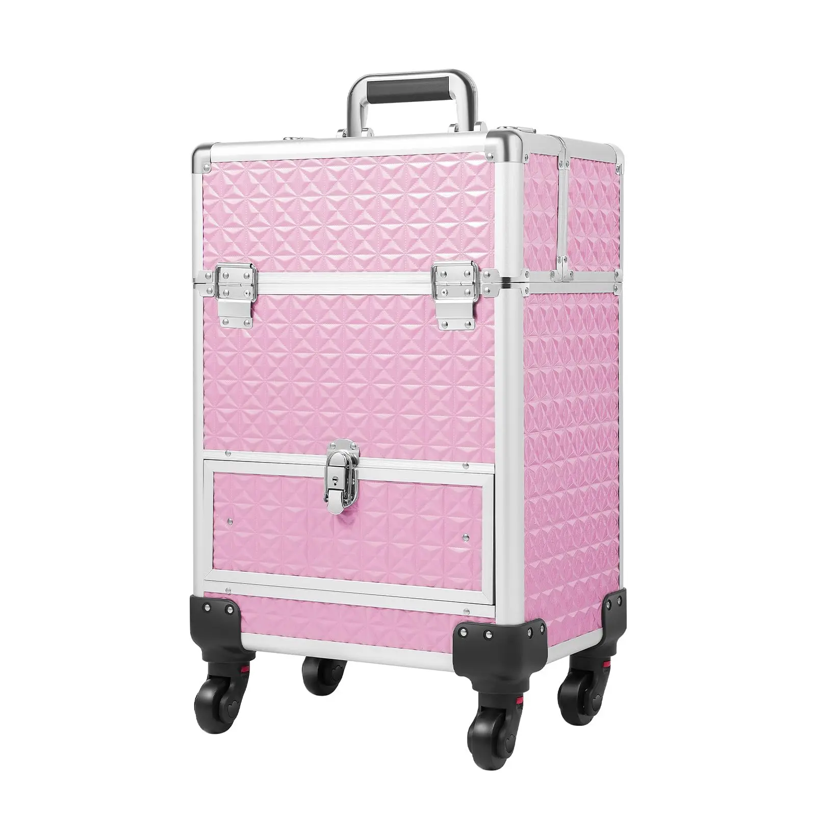 Aluminum Rolling Makeup Train Case, Cosmetic Trolley Makeup Case with Drawer Nail Polish Case W/4 Removable Wheels Storage Organ